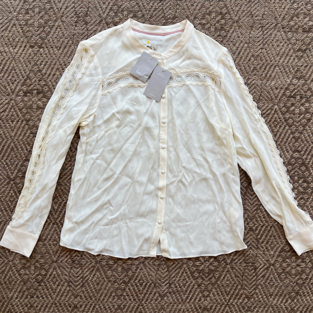 NWT Boden Ladies Cream Sheer Lace Cut-Outs Boho Chic Buttoned Blouse Top 10 - Picture 6 of 11